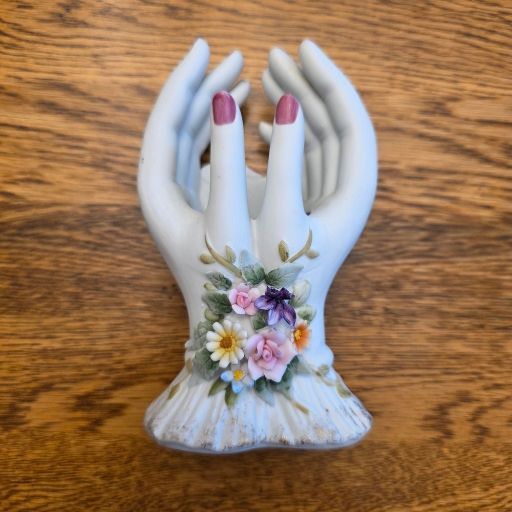 Vintage Lefton Porcelain Hands Figurine Floral 3D Flowers Vase Japan MCM